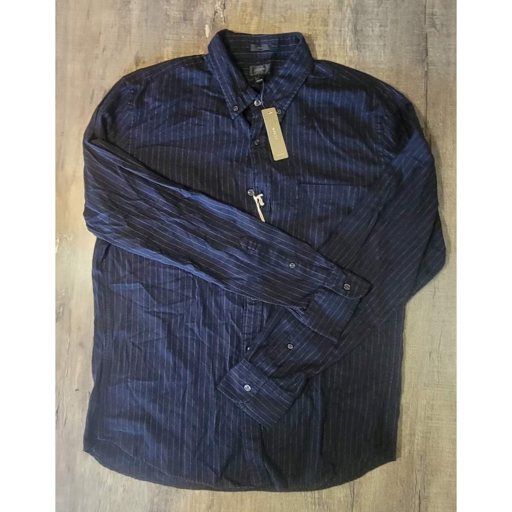 J CREW Slim Mens Large Heathered Twill Pinstripe Dark Navy Button Down Shirt NWT
